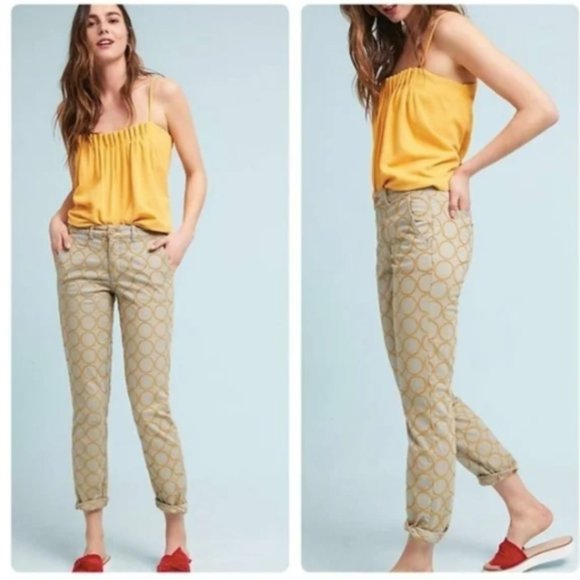 Anthropologie Chino Relaxed Embroidered Circles Khaki Pant 25P - Picture 1 of 3